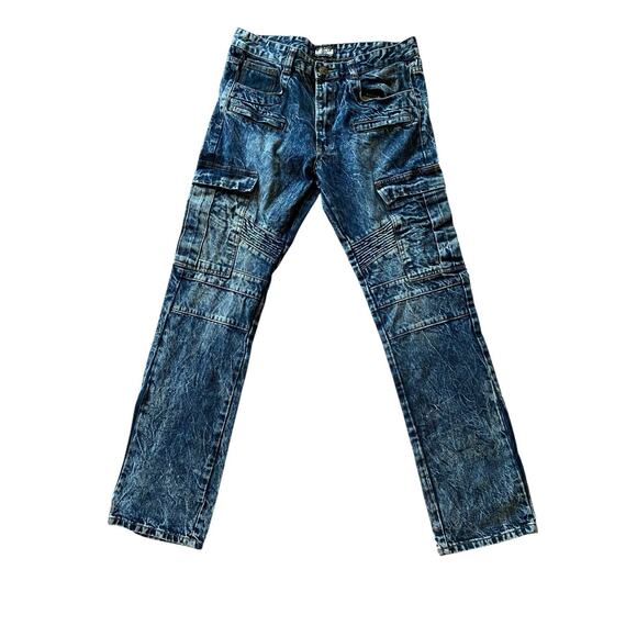 Gray Earth Acid Wash Indigo Jeans Men's 34X32 Thigh Zippers Distressed Bootcut - Picture 1 of 8